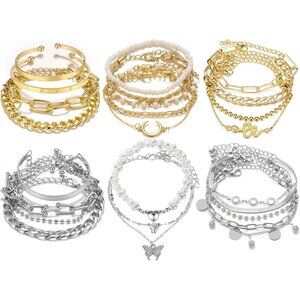 18-25 pcs Boho Gold Silver Bracelets Set Stackable Dainty Chunky Bangles